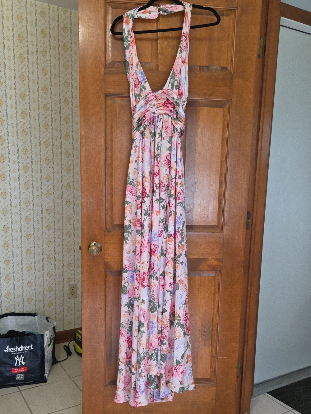 SHEIN Pink Floral Backless Halter Maxi Dress